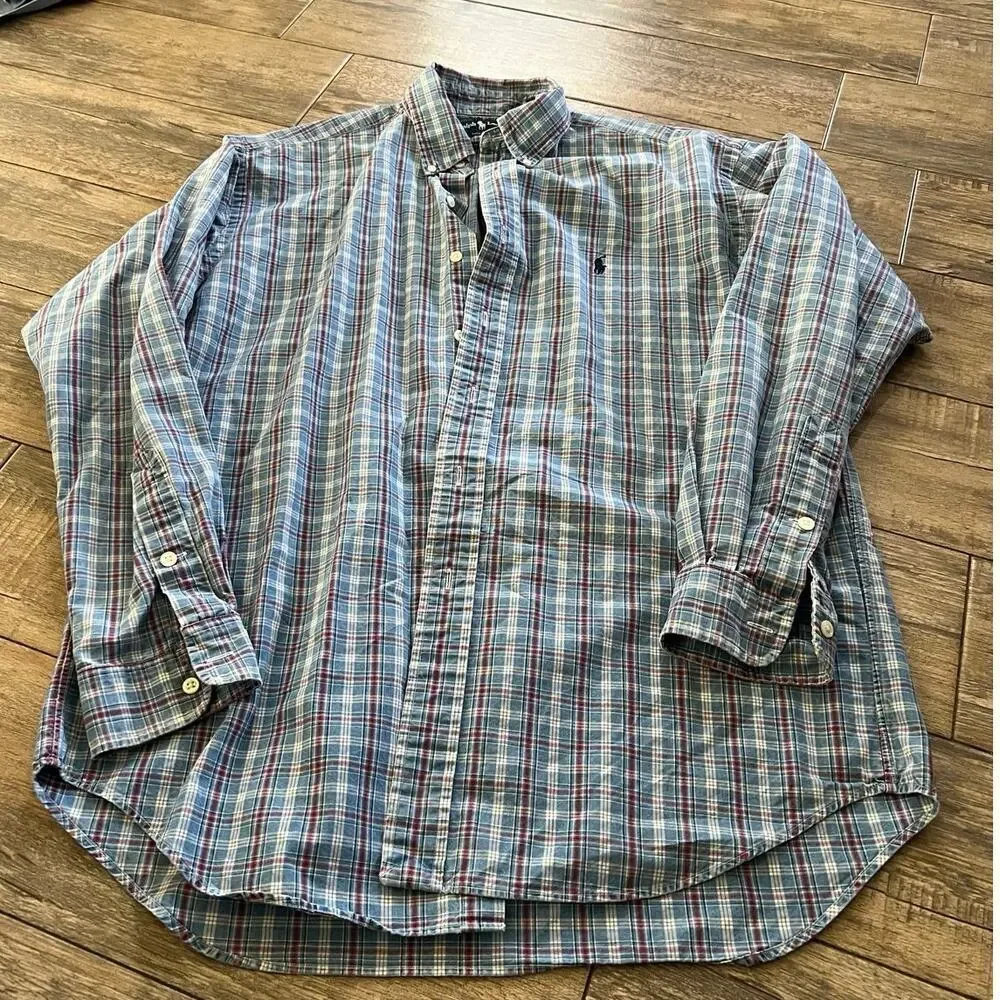 Polo Ralph Lauren Men’s Blue Blake Plaid Long Sleeve Button Up Shirt Size Medium